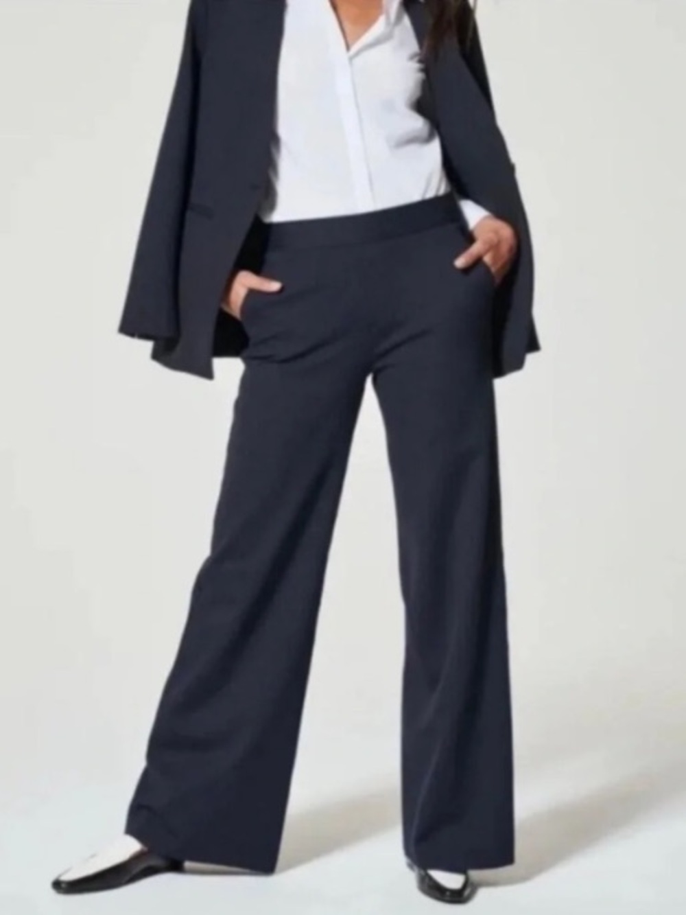 Like New Spanx Navy Pinstripe The Perfect Pant Wide Leg Ponte Pant, Large